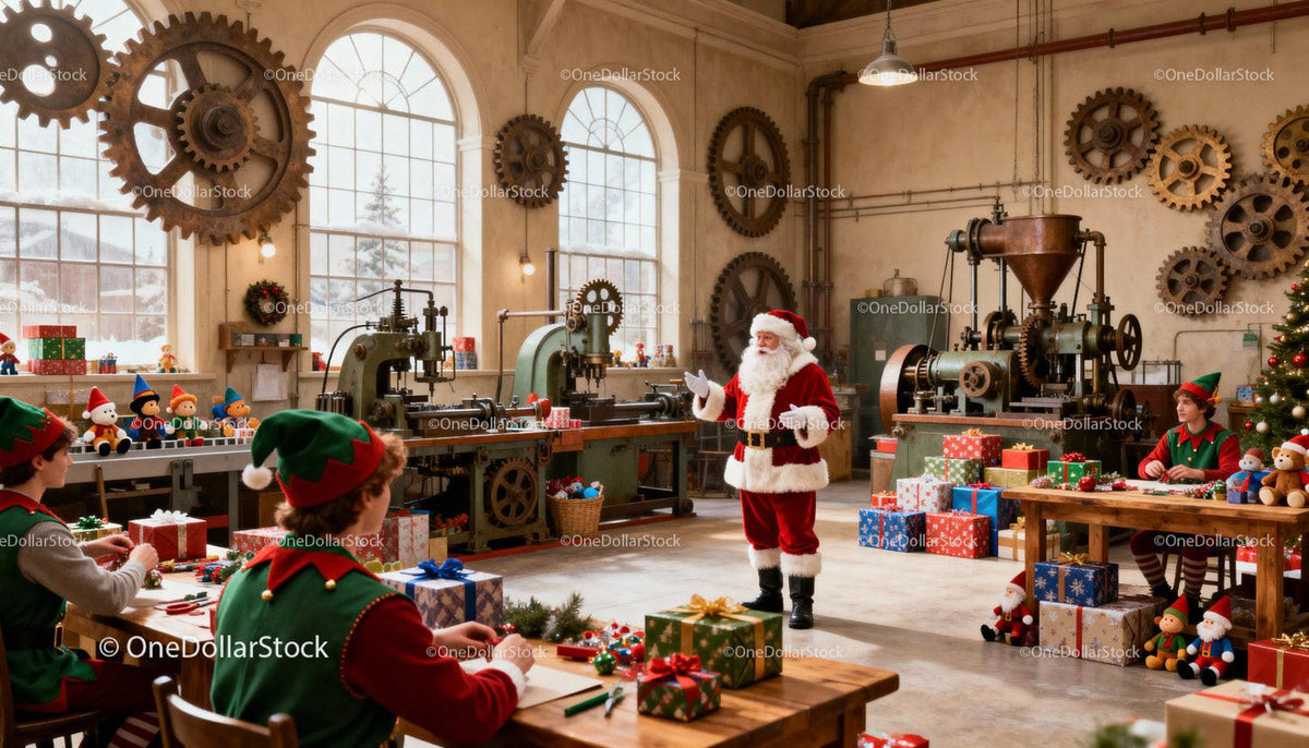 Santa Claus and elves preparing gifts in workshop