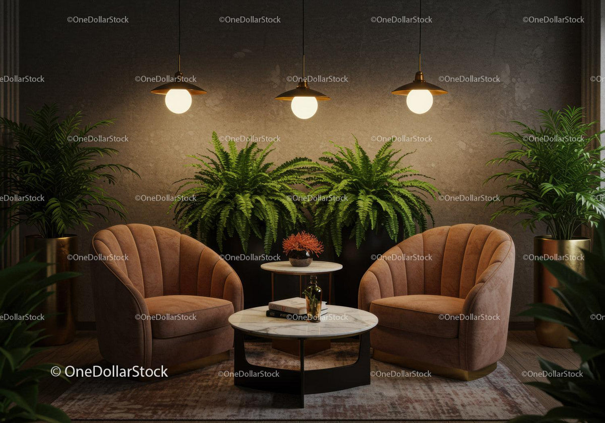 Cozy modern living room with armchairs and indoor plants