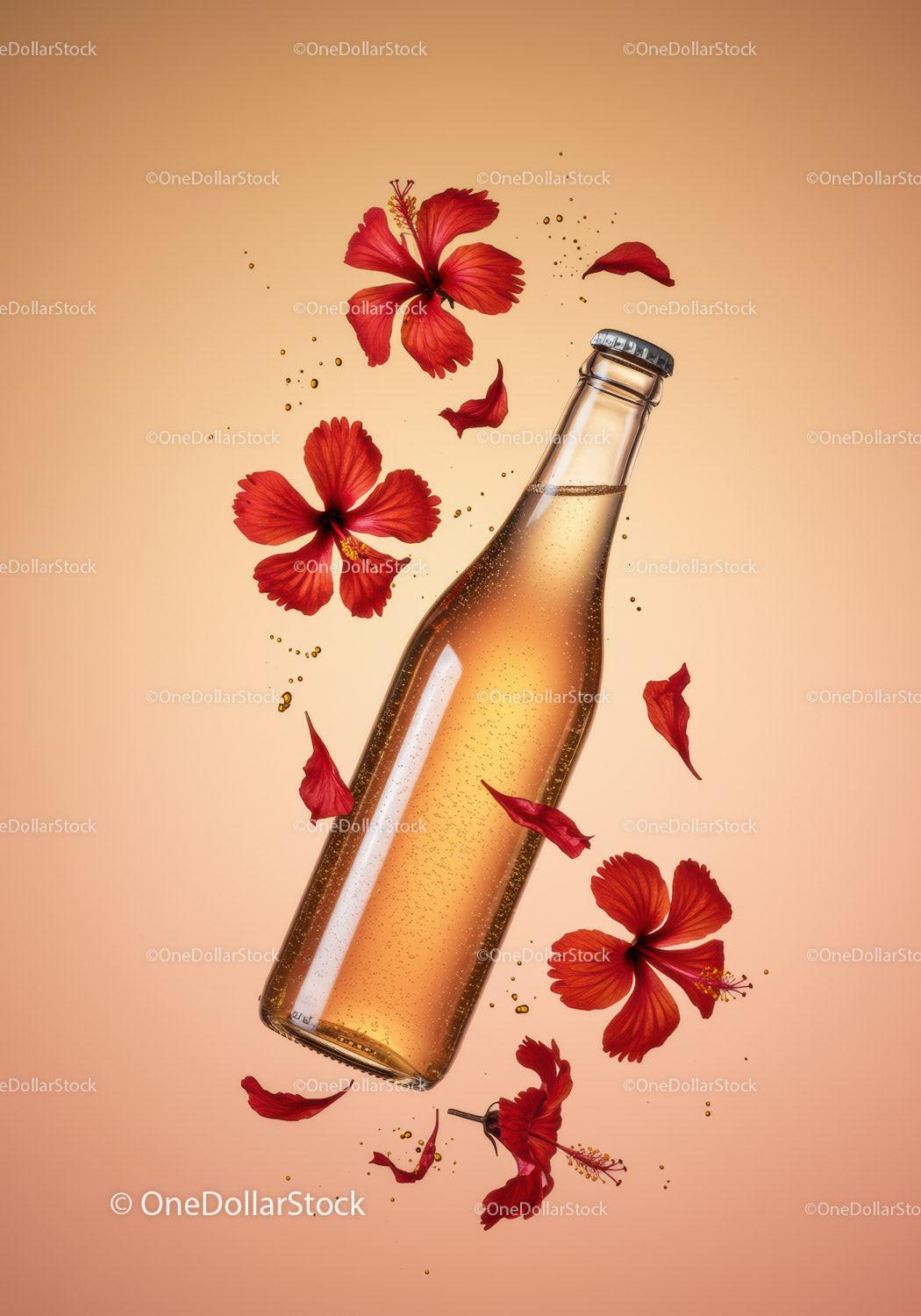 Bottle of sparkling drink with vibrant red hibiscus flowers