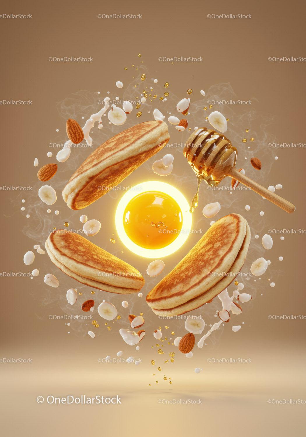 Golden Pancakes with Honey and Fresh Ingredients in Air