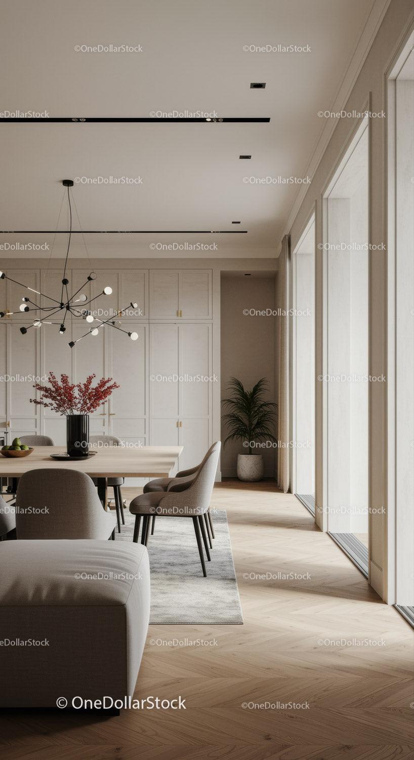 Modern dining room with elegant lighting and decor