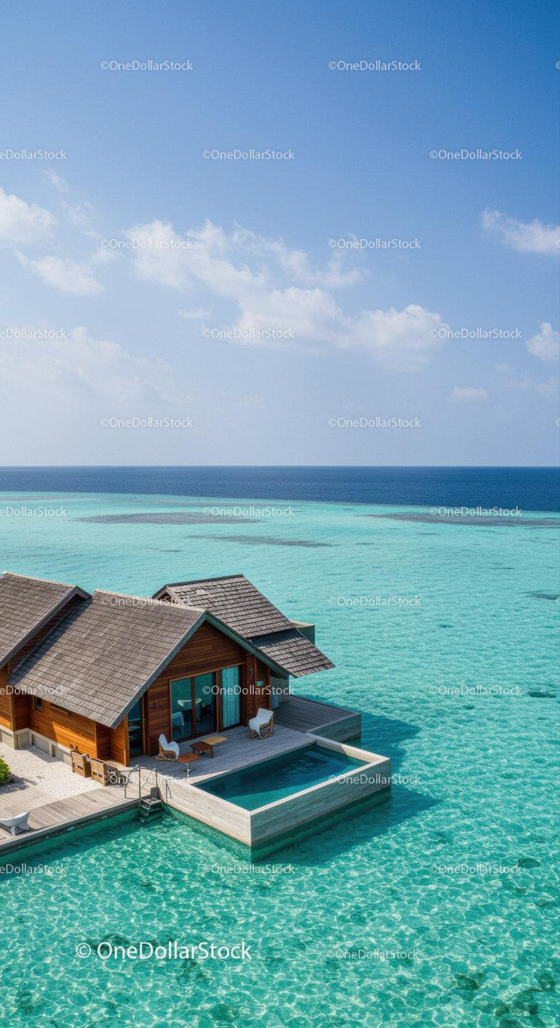 Luxury Overwater Bungalow with Infinity Pool Over Turquoise Ocean