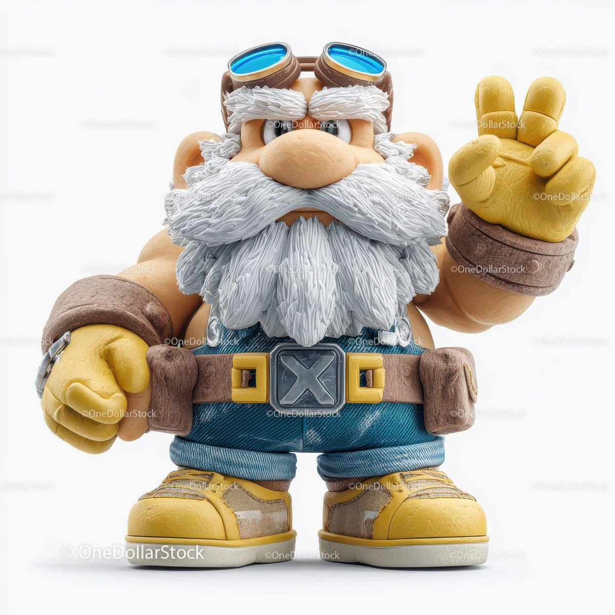 Stylized figure with white beard, blue goggles, and yellow gloves making peace sign