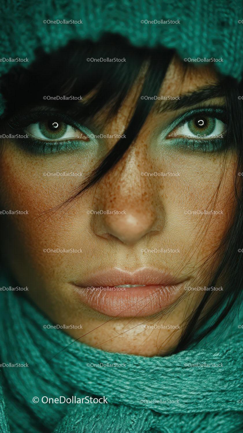Close-up of a Woman with Green Eyes and Freckles in Artistic Portrait