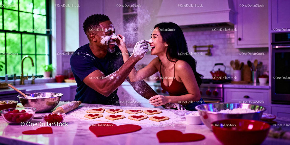 Couple Playfully Baking Heart-Shaped Cookies Together