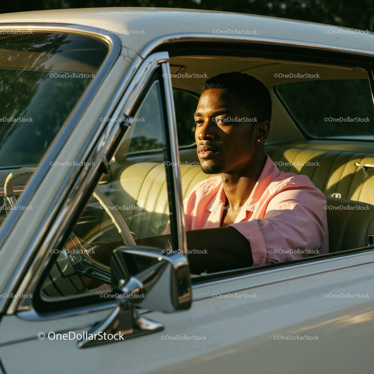 Young Man Driving Vintage Car in Outdoor Sunny Scene