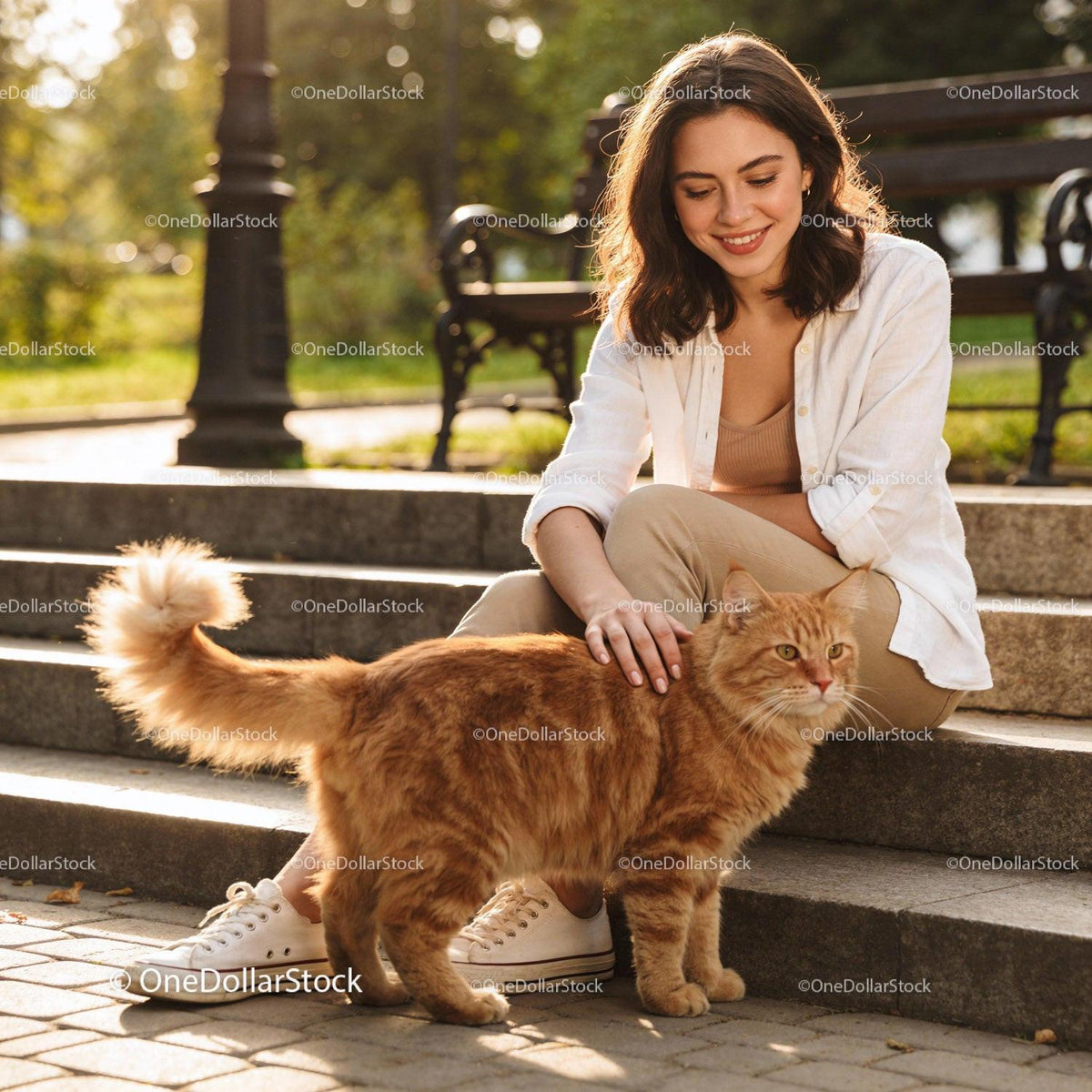 Young Woman Enjoying Time with Ginger Cat Outdoors