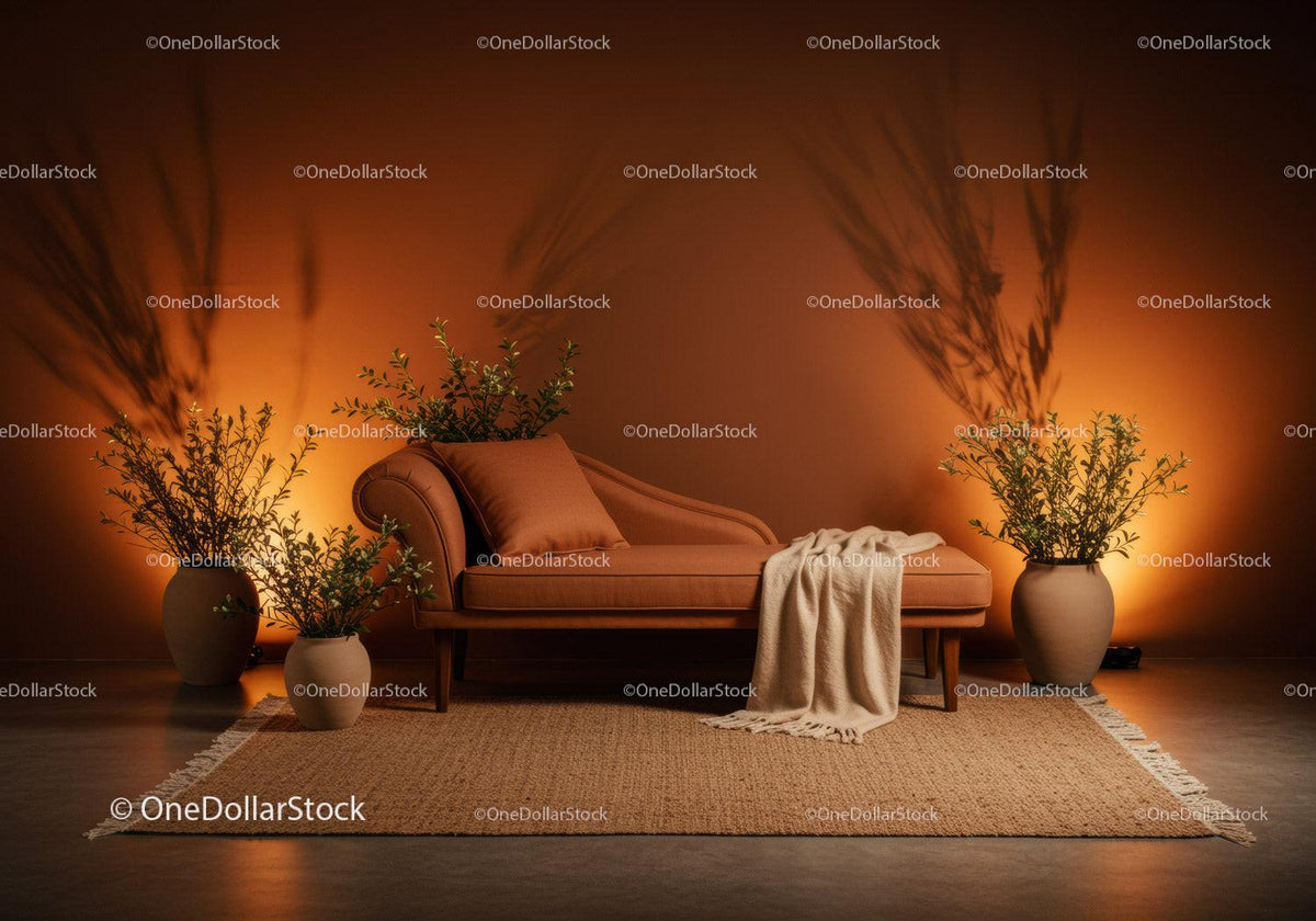 Cozy modern chaise lounge with plants and soft throw