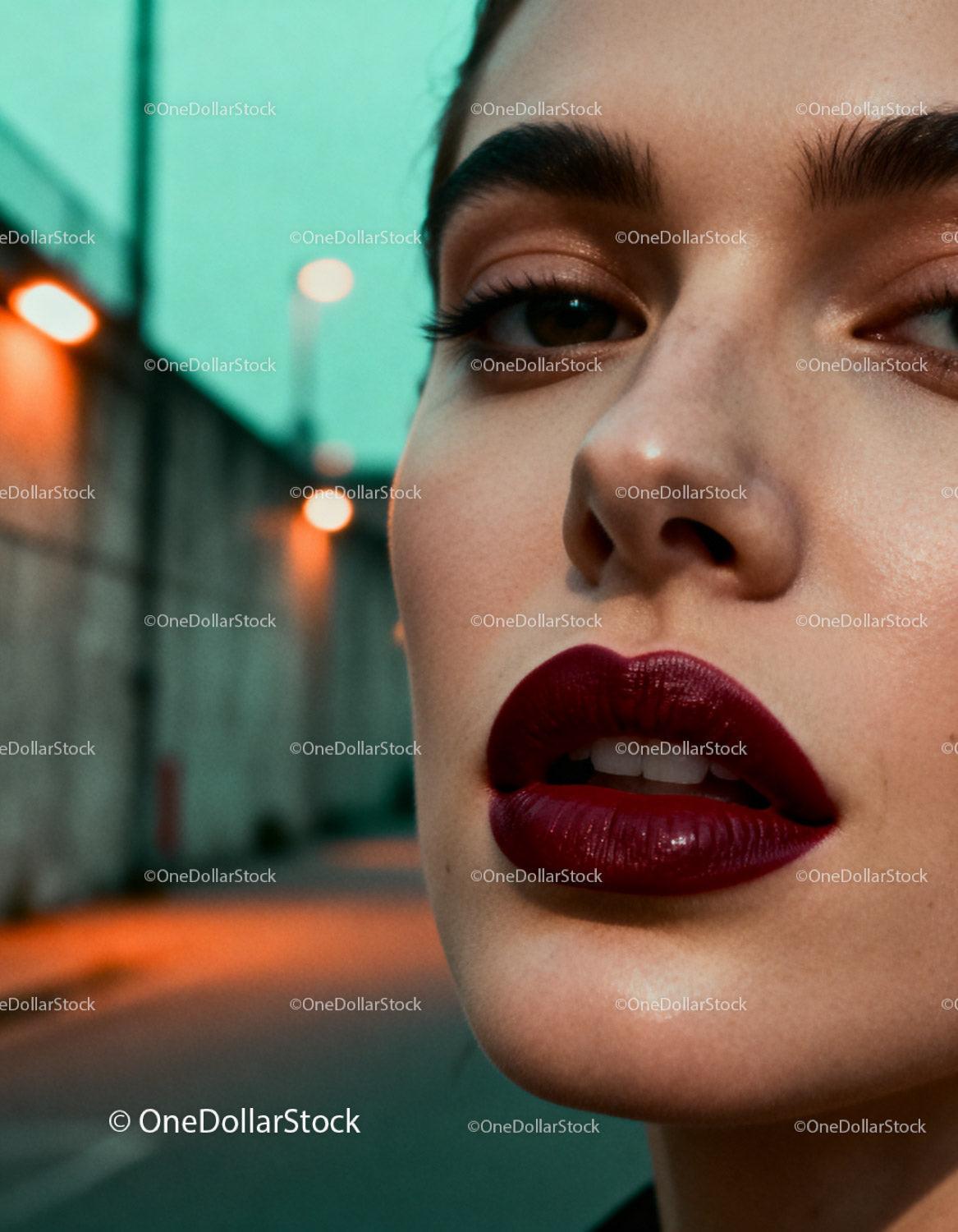 Close-up of woman with bold dark lipstick outdoors