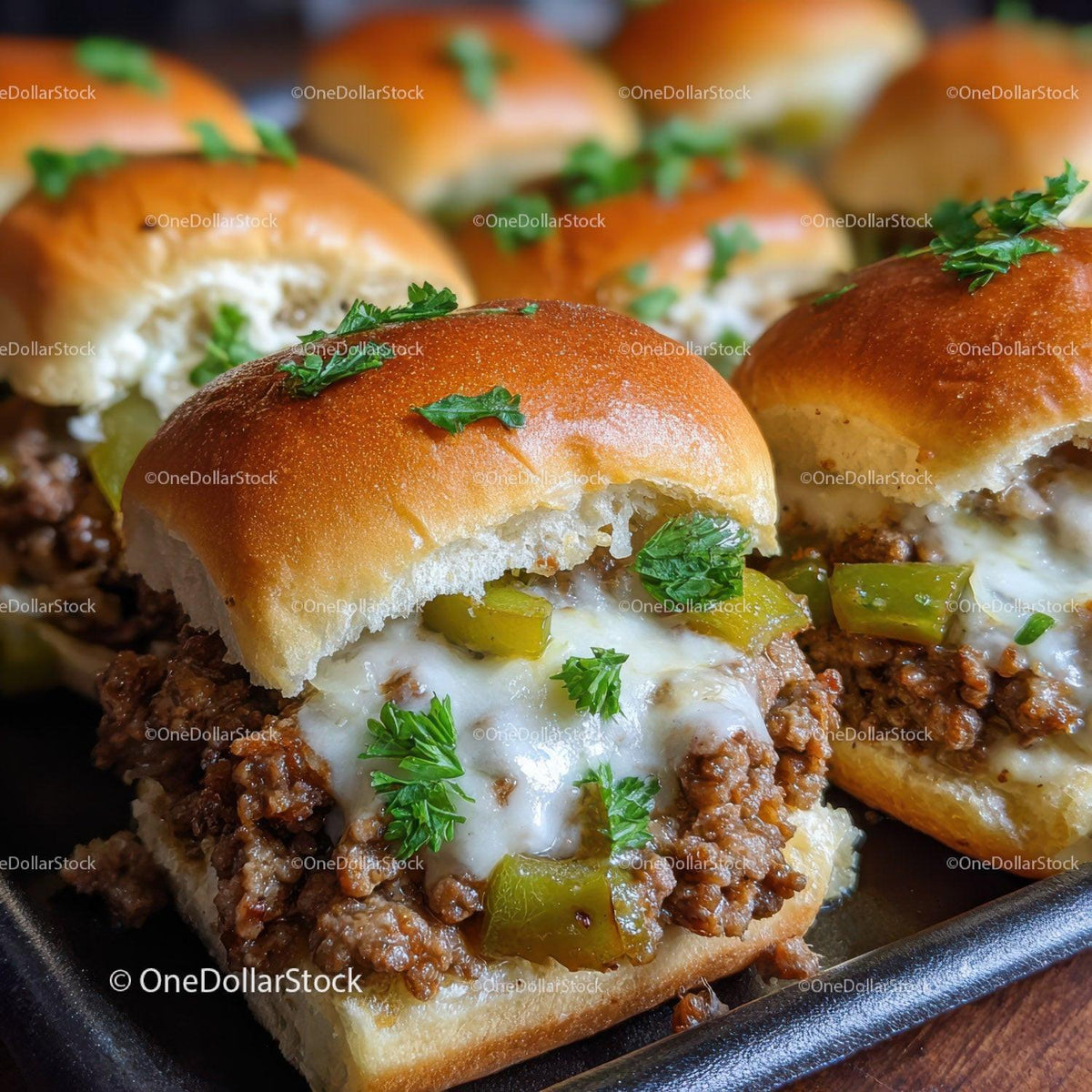 Close-up of Juicy Mini Cheeseburgers with Fresh Garnishes
