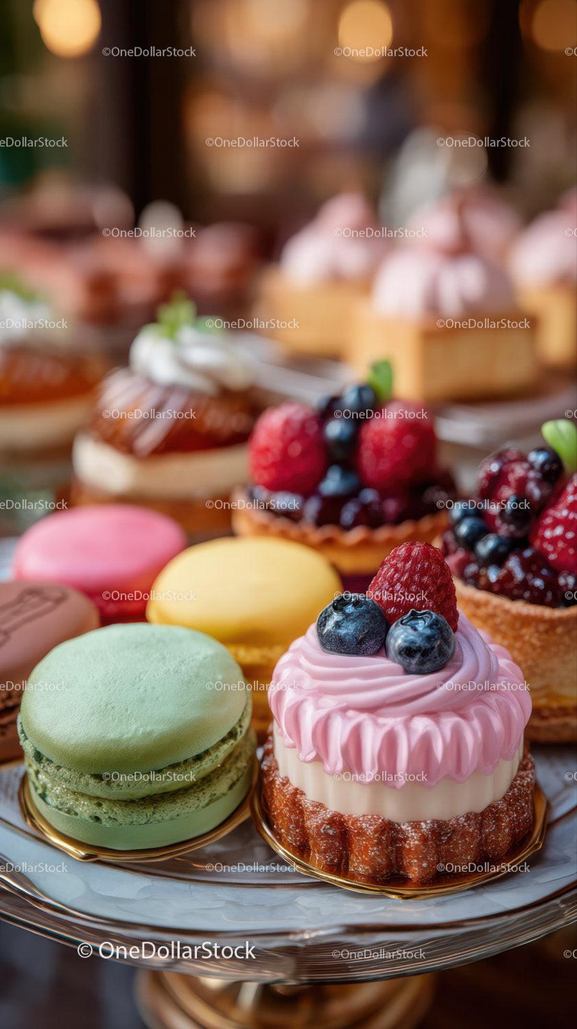 Assorted Macarons and Fruit Tarts on Elegant Dessert Platter