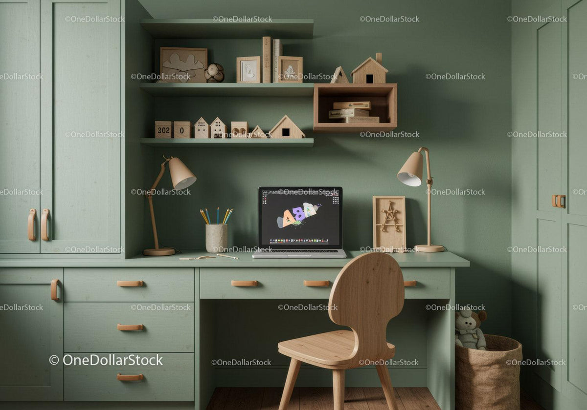 Kids Study Desk with Wooden Chair and Green Wall Interior