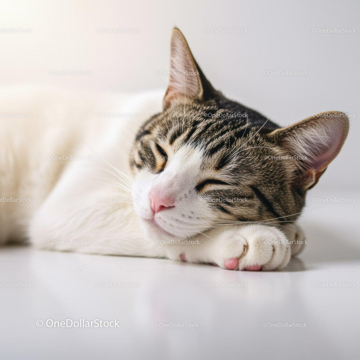 Peaceful cat resting with closed eyes on white surface