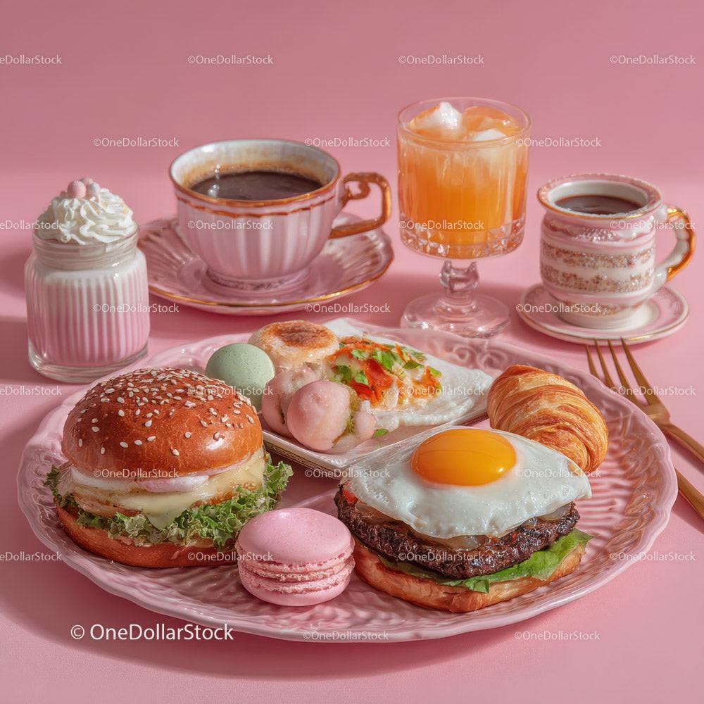 Delicious Breakfast Platter with Eggs Burger Croissant and Cake