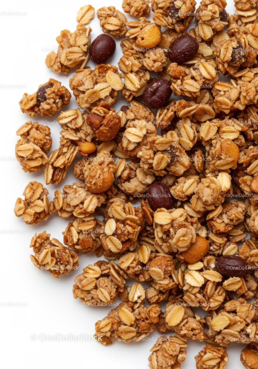 Crunchy granola clusters with nuts and chocolate pieces