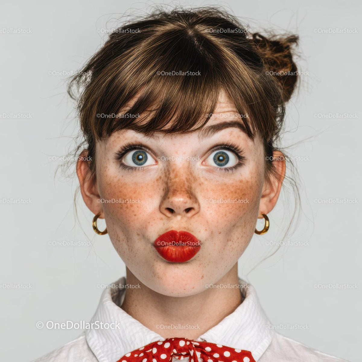 Young Woman with Freckles and Bright Blue Eyes Expressing Playful Mood