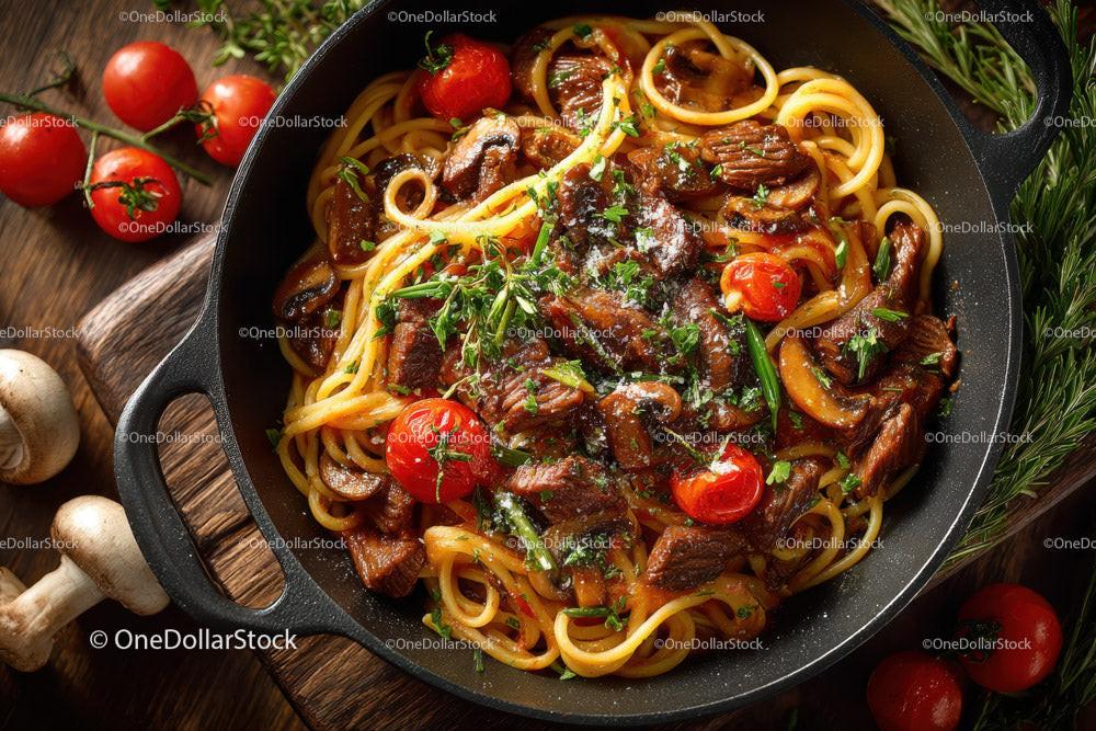 stock photo bundle made with Beef and Mushroom Pasta in a Cast Iron Skillet with Cherry Tomatoes Stock Photo Bundle