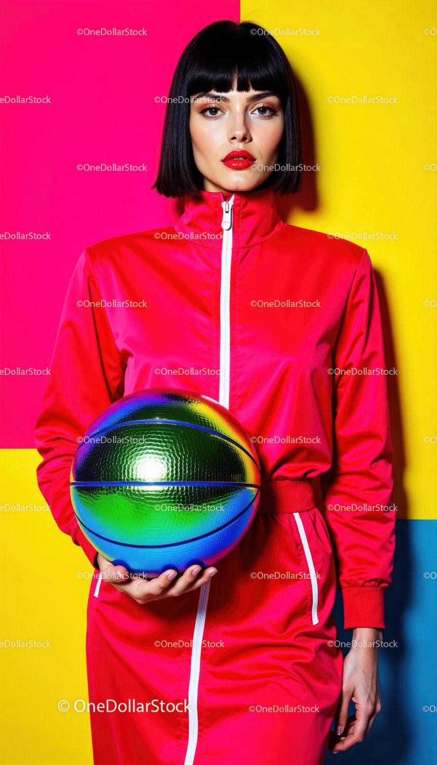 Fashionable woman in red sports jacket holding basketball against colorful background