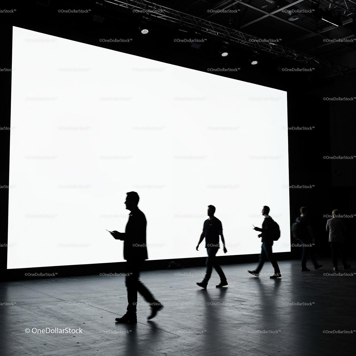 Silhouettes of People Walking Past Large Bright Screen JPG Mockup Image preview