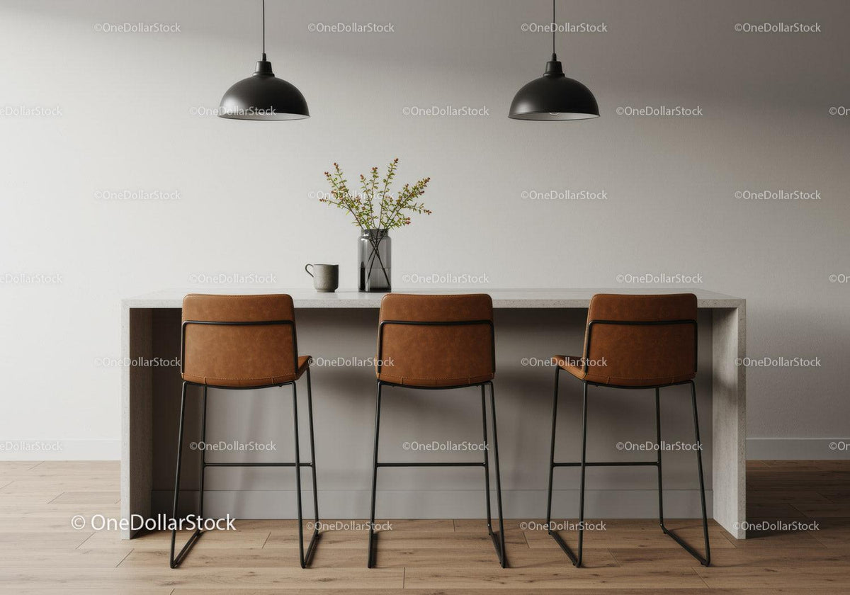 Modern Kitchen with Wooden Bar Stools and Pendant Lights