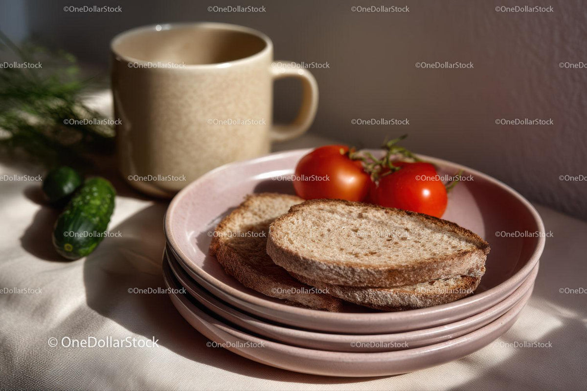 Fresh Sliced Bread with Tomatoes and Cucumber on Pink Plates
