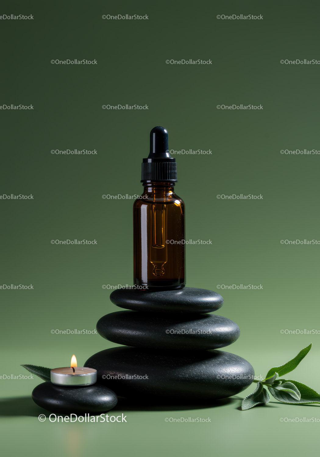 Aromatherapy Essential Oil Bottle on Black Stones with Candle and Green Leaves JPG Mockup Image preview