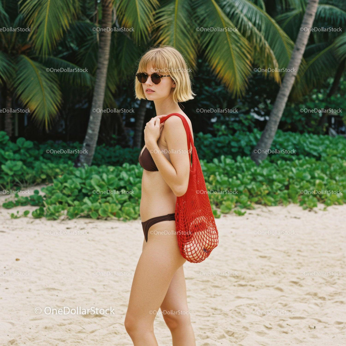 Woman in Bikini with Red Tote Bag on Tropical Beach with Palm Trees Stock Photo Bundle preview 16