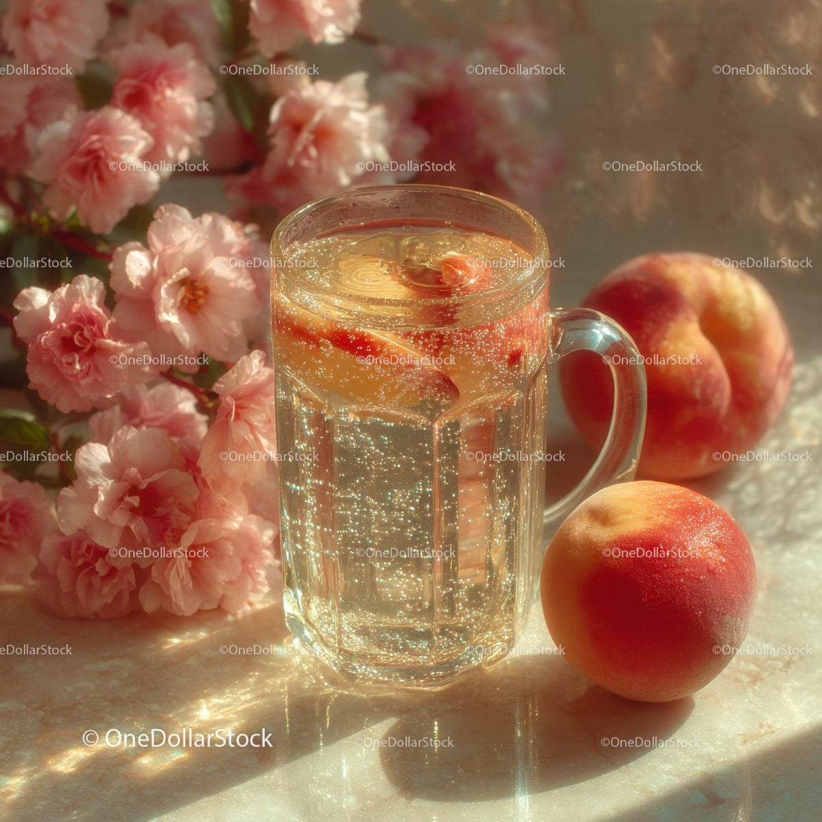 Peach and Pink Floral Sparkling Water in Bright Sunlit Scene