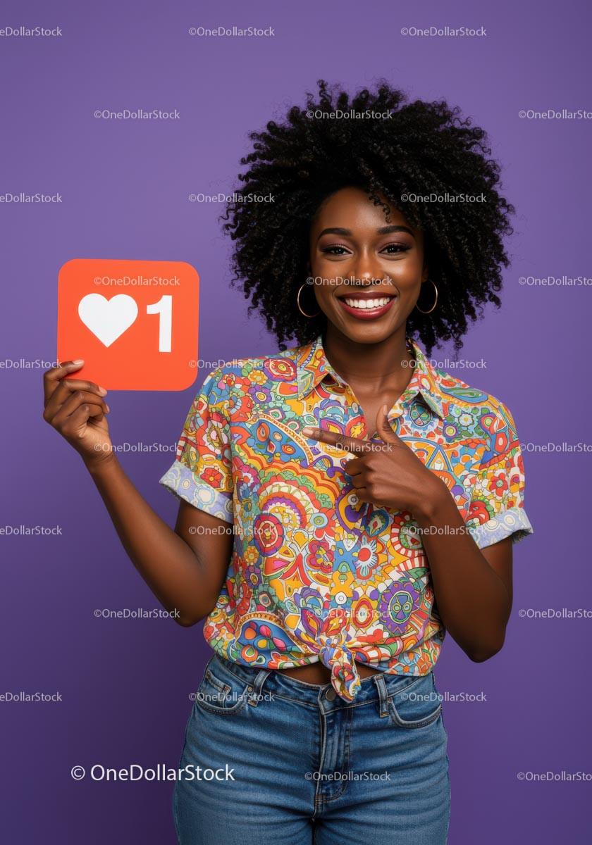 Happy Young Woman with Bright Colorful Shirt Holding Like Icon