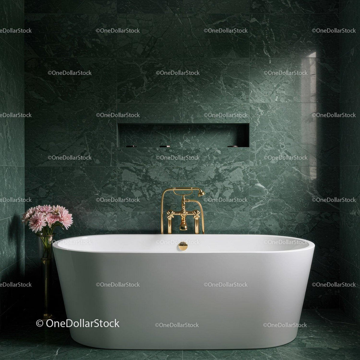 Elegant Green Marble Bathroom with Gold Fixtures and Freestanding Tub