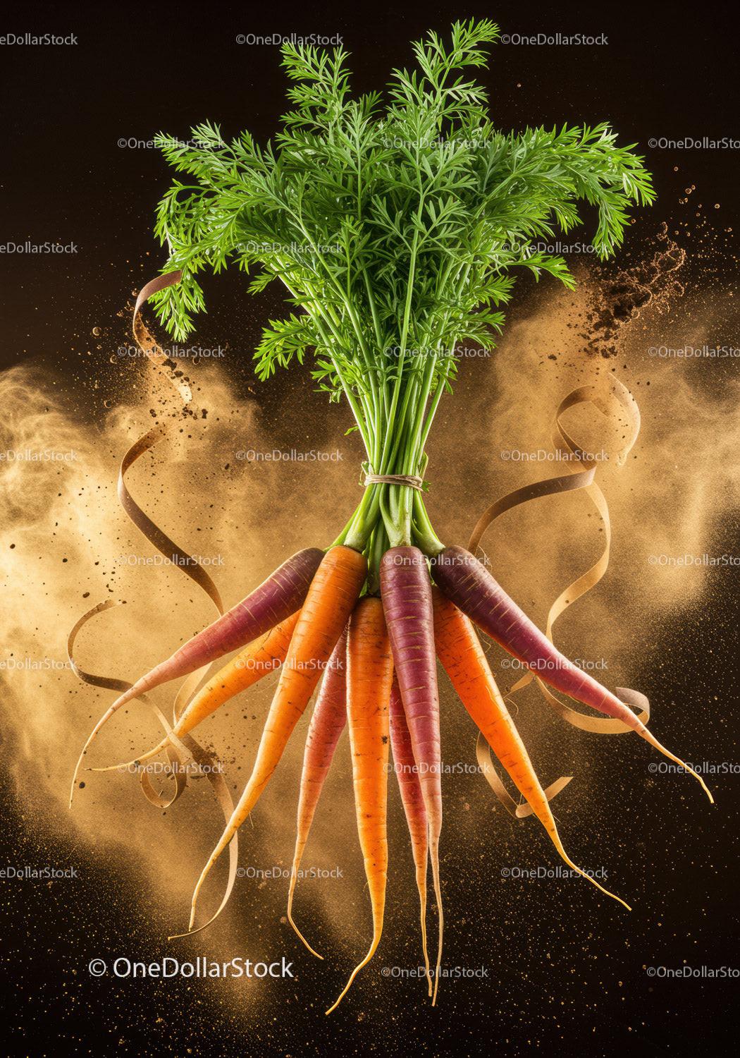 Bunch of colorful fresh carrots with vibrant green tops
