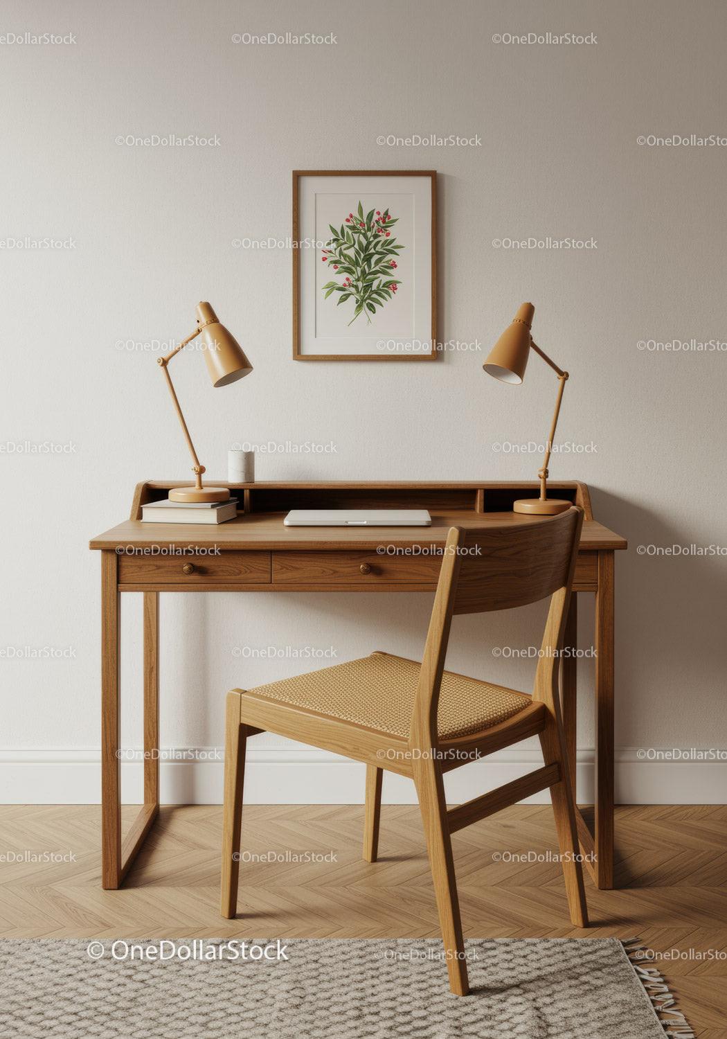 Warm Wooden Desk with Modern Accent Lamps and Botanical Wall Art