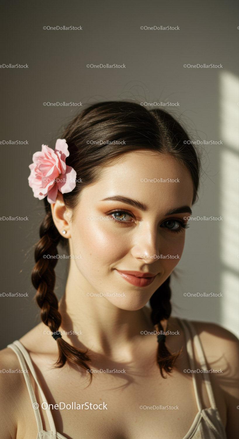 Young Woman with Braided Hair and Pink Flower in a Bright Indoor Setting