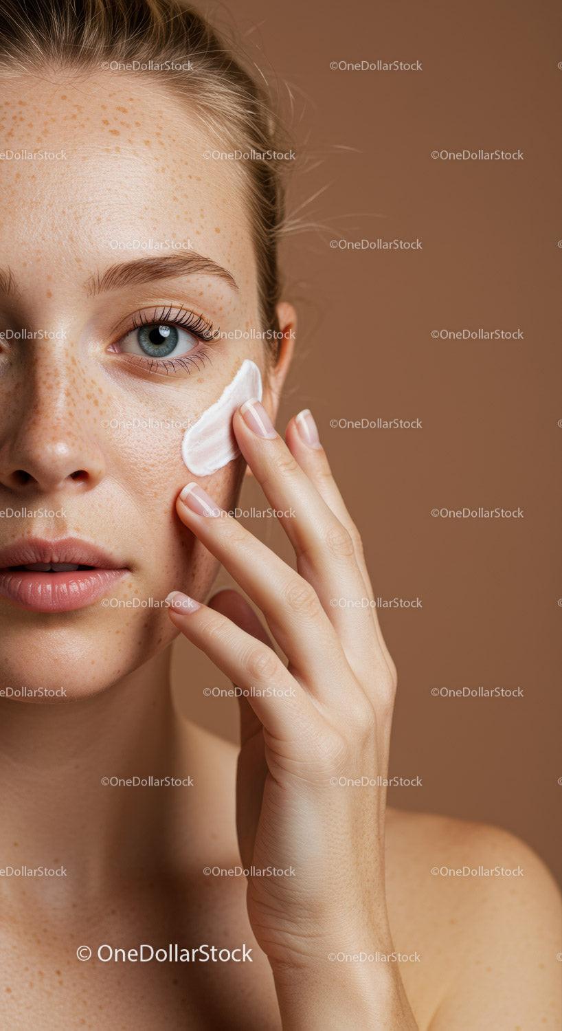 Close-Up of Young Woman Applying Skincare Cotton Pad with Clear Skin