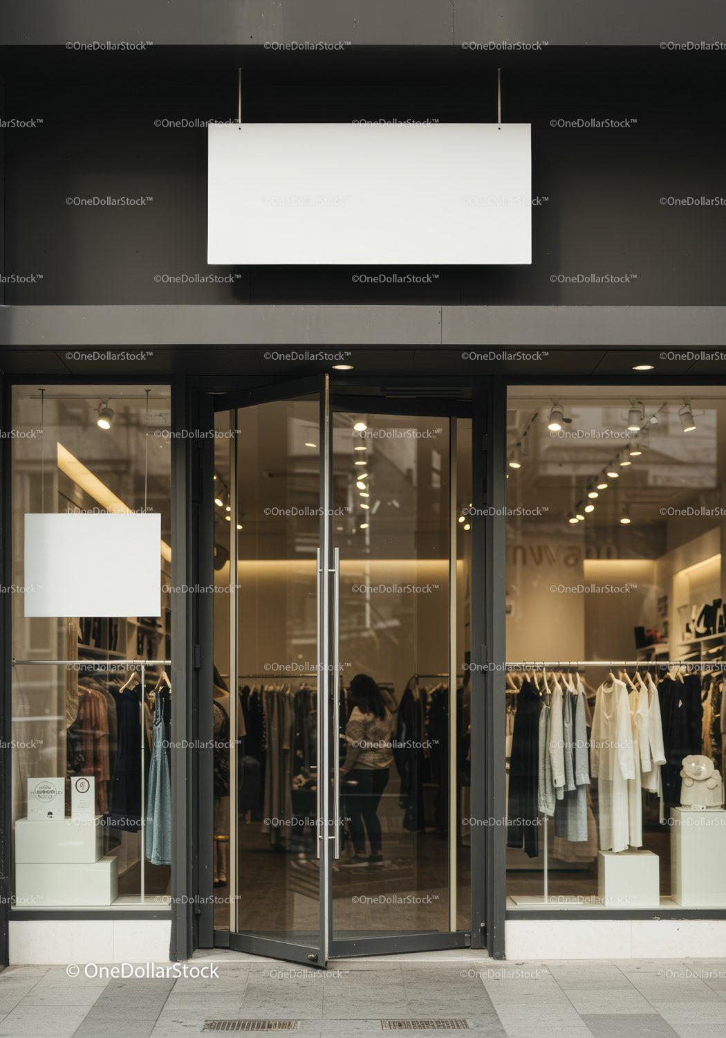 Modern boutique entrance with stylish clothing display JPG Mockup Image preview