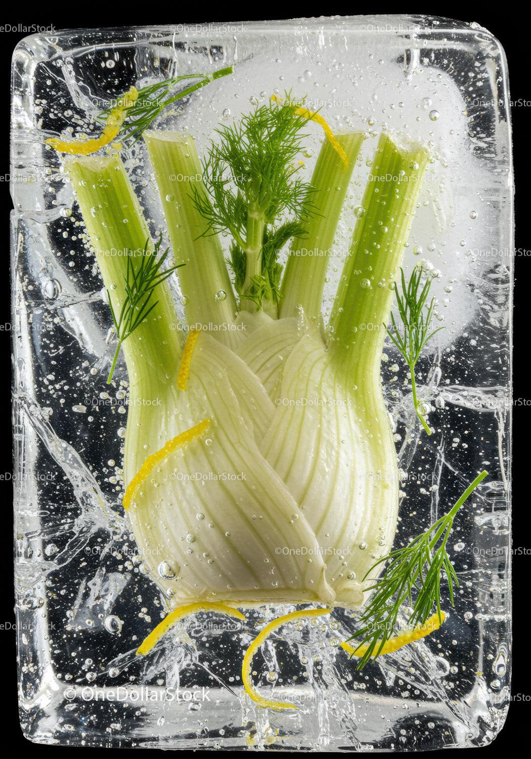 Fresh Fennel Bulb Herb and Zest Frozen in Ice Block