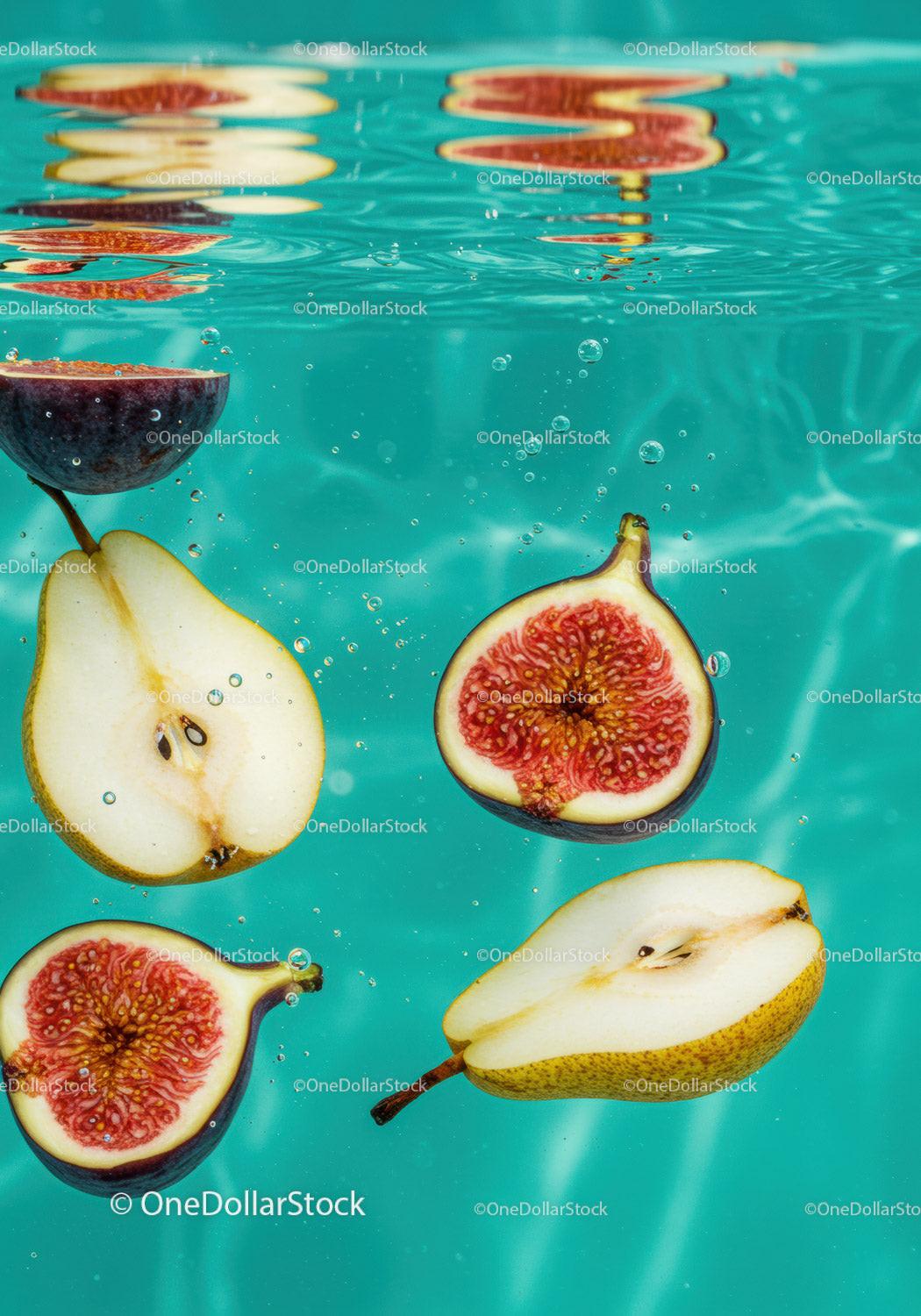 Fresh fig and pear halves submerged in clear water