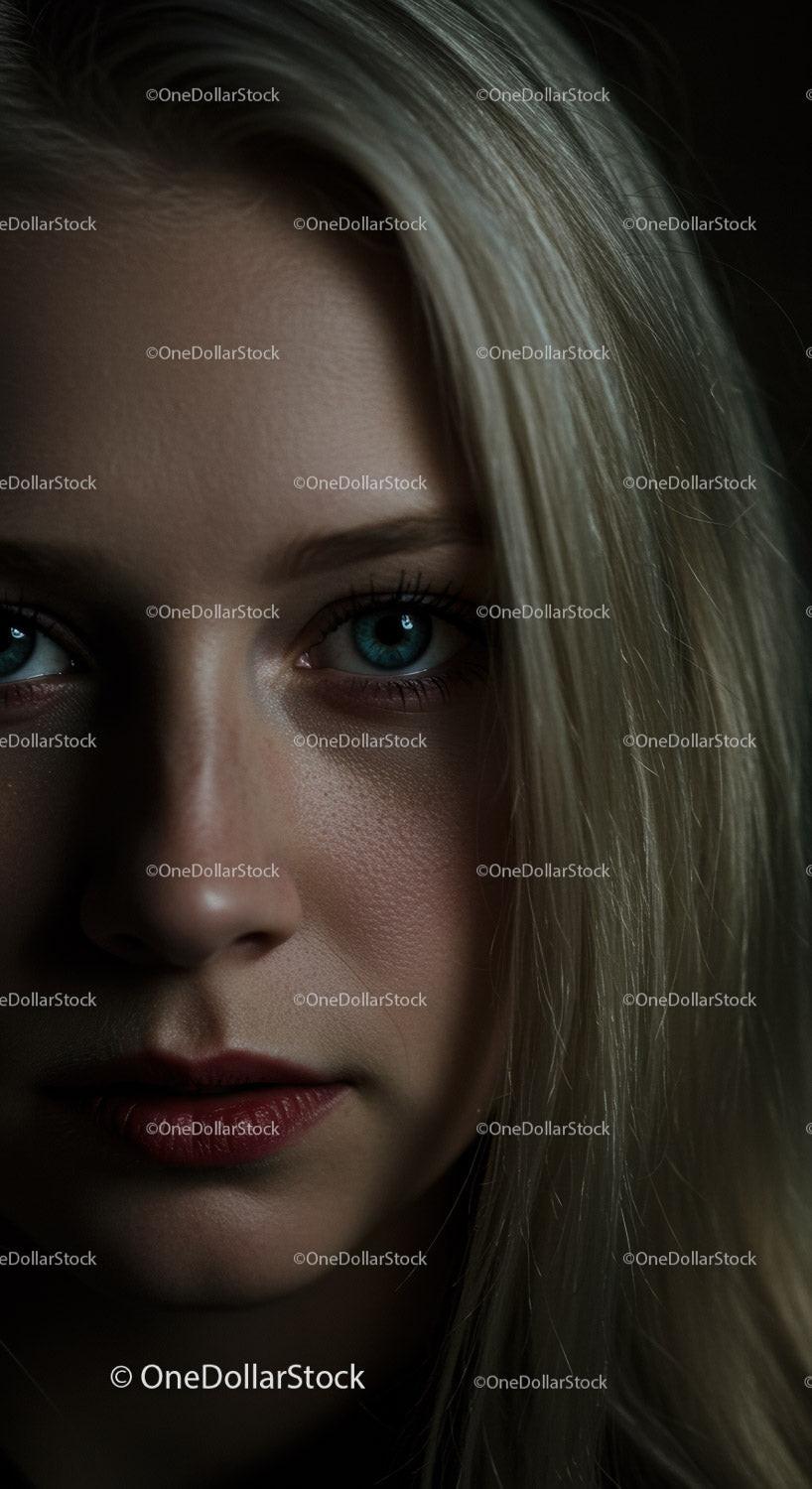 Close up of blonde woman with blue eyes in low light