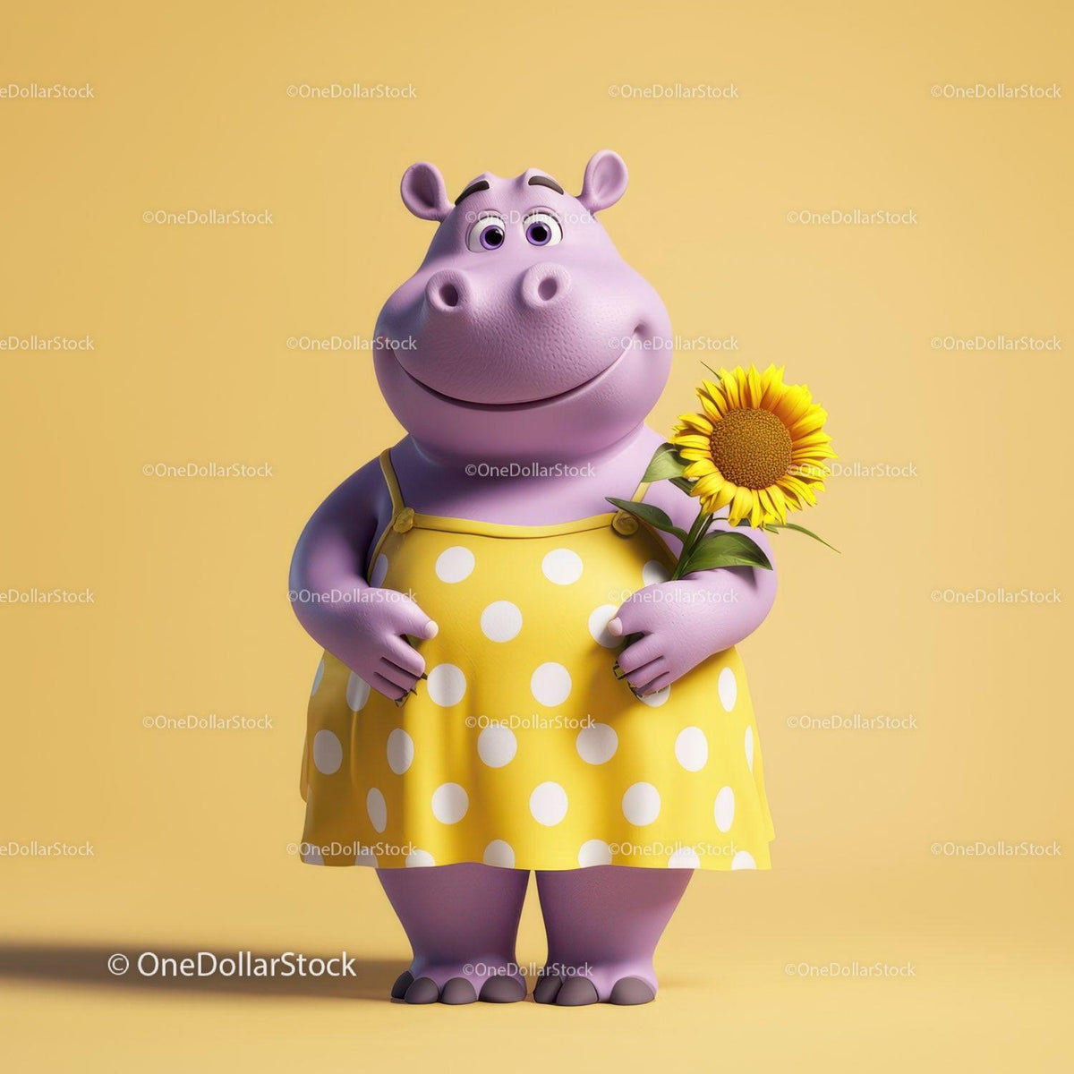 Purple hippo standing in yellow polka dot dress holding a sunflower on a yellow background