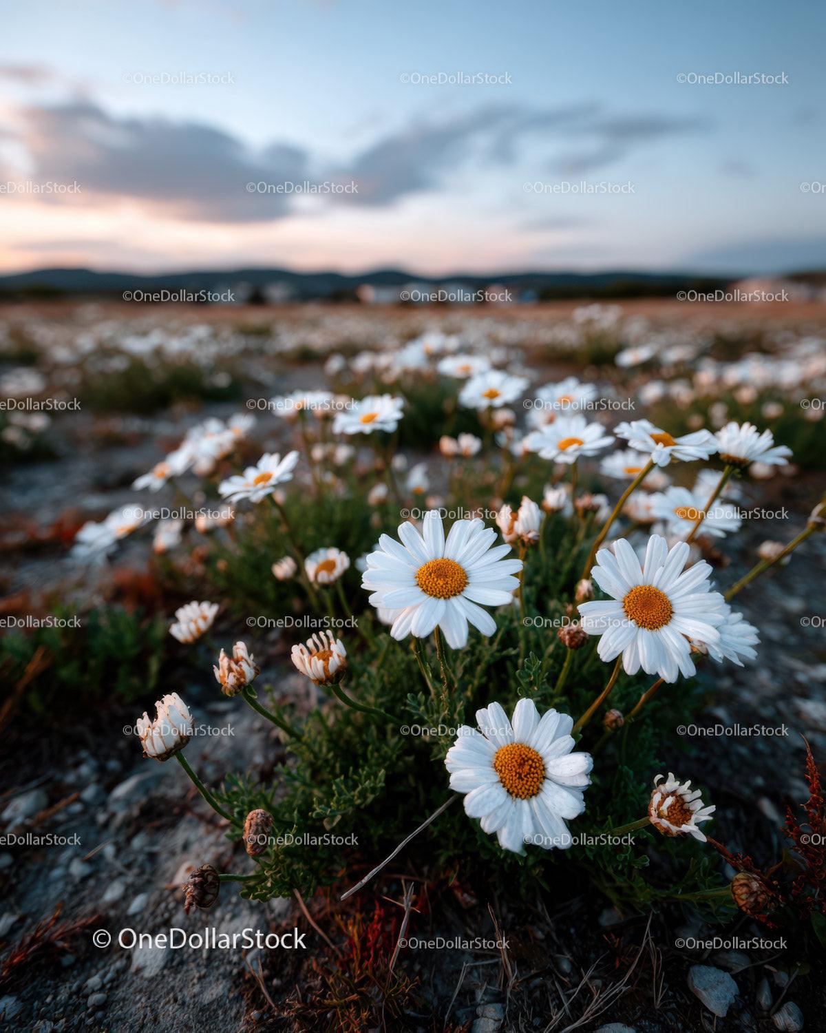 Wild Daisies Blooming in Meadow at Sunset Sky Stock Photo Bundle preview 22