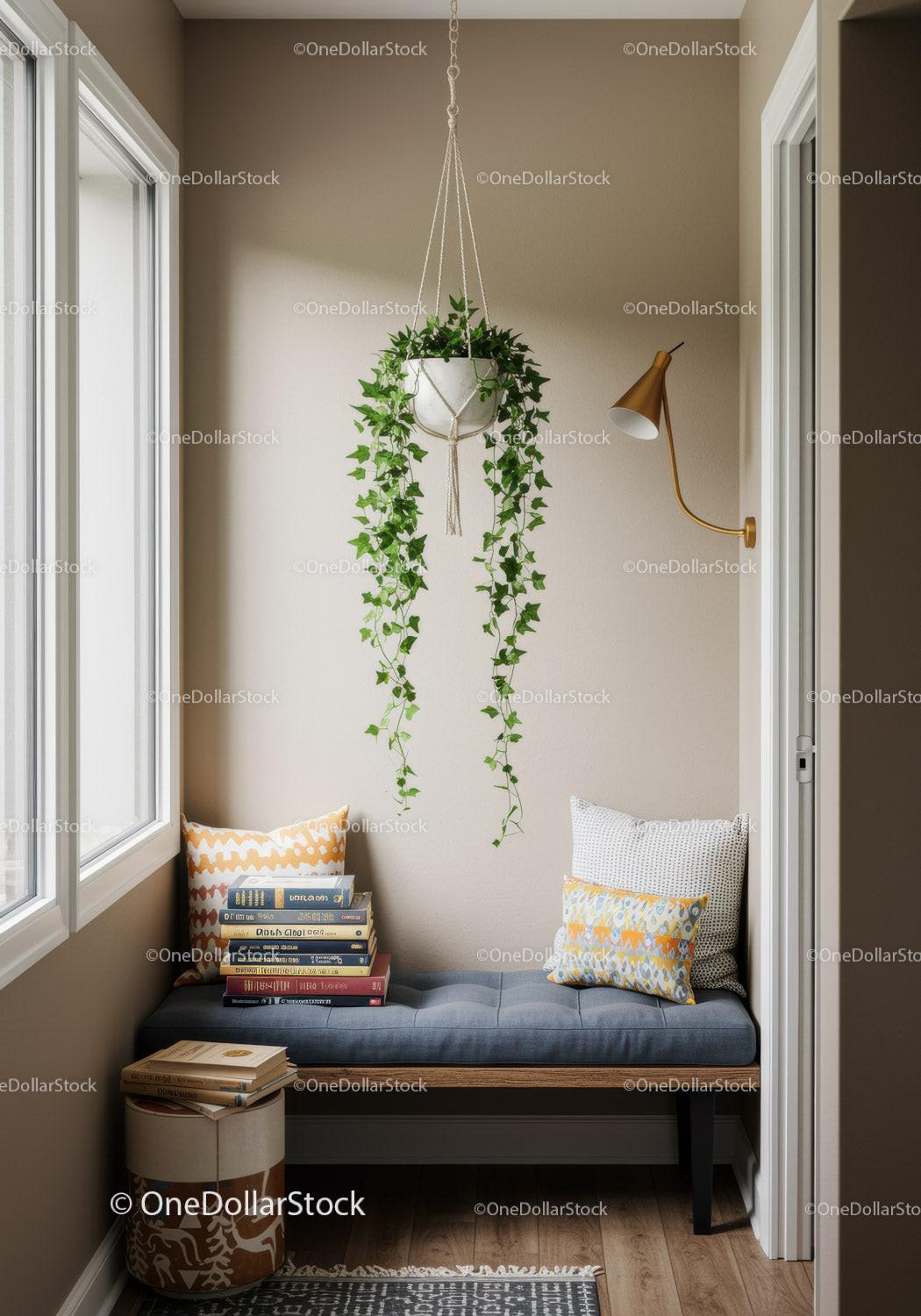 Cozy Reading Nook with Hanging Ivy and Modern Decor
