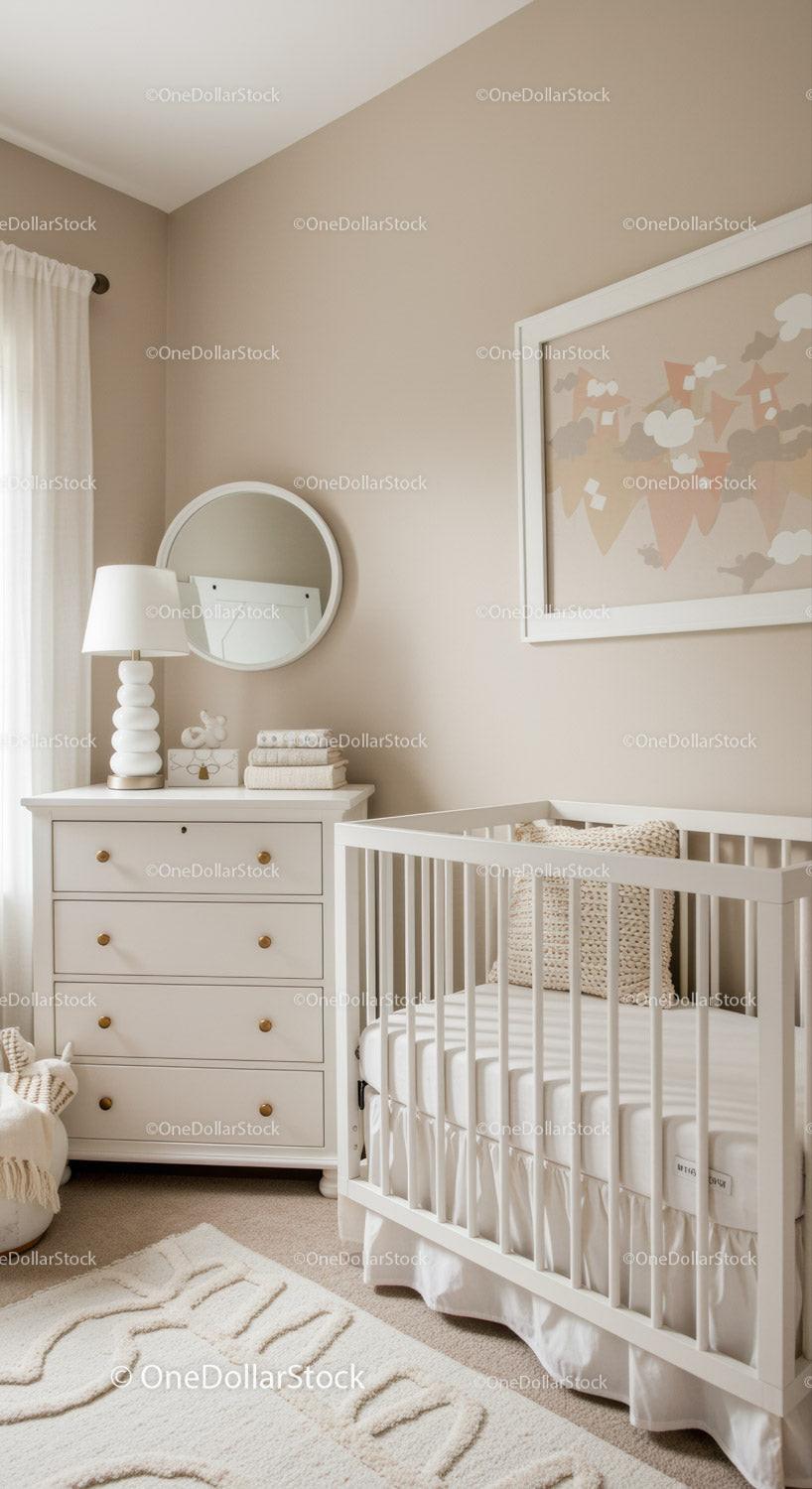 Minimalist Baby Nursery with White Crib and Elegant Decor