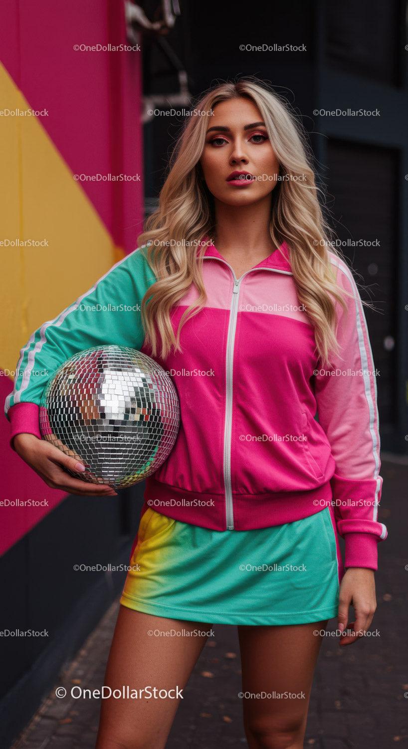 Young Woman in Colorful Tracksuit Holding Disco Ball in Urban Setting