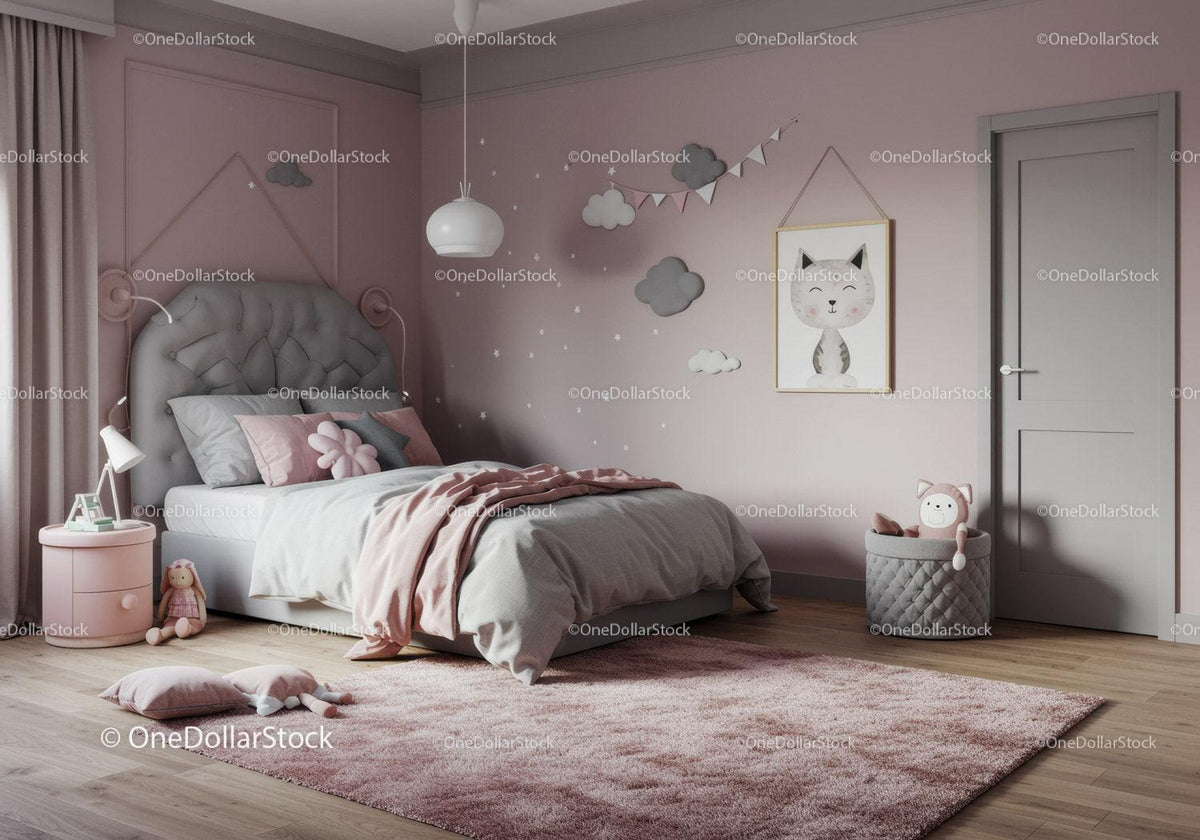 Cute Pink and Gray Children's Bedroom with Wall Art and Plush Toys