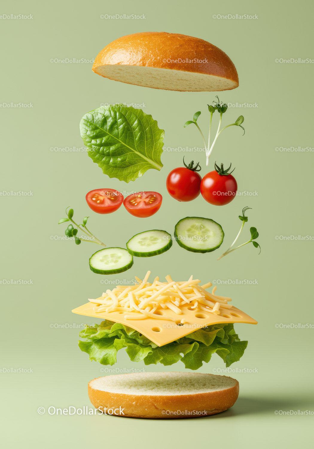 Deconstructed fresh veggie and cheese sandwich ingredients