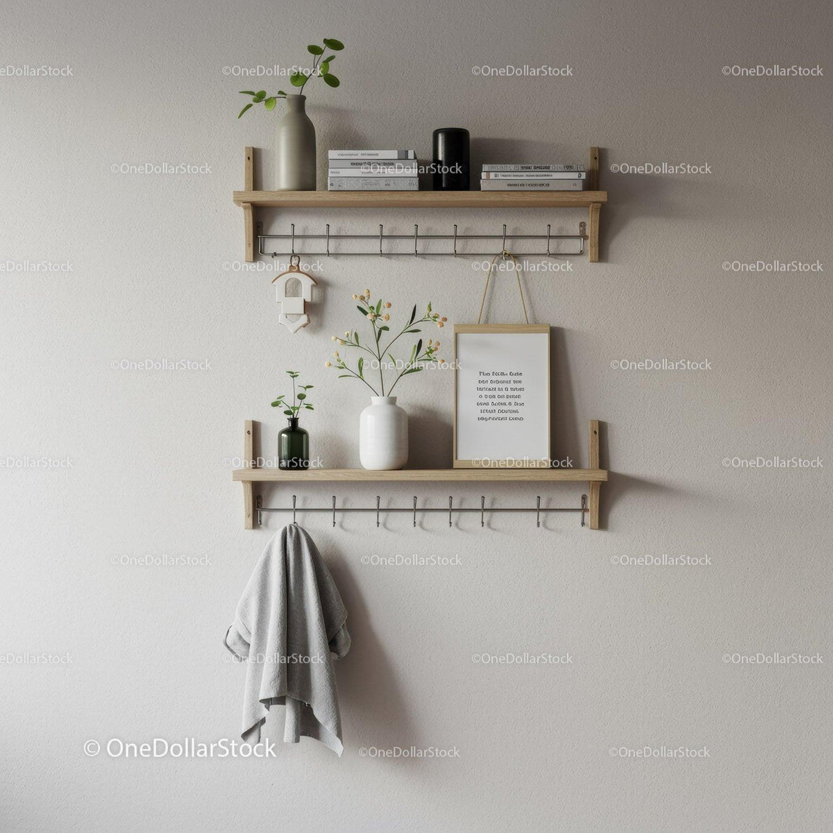 Decorative Wooden Wall Shelves with Plants and Books in Modern Interior