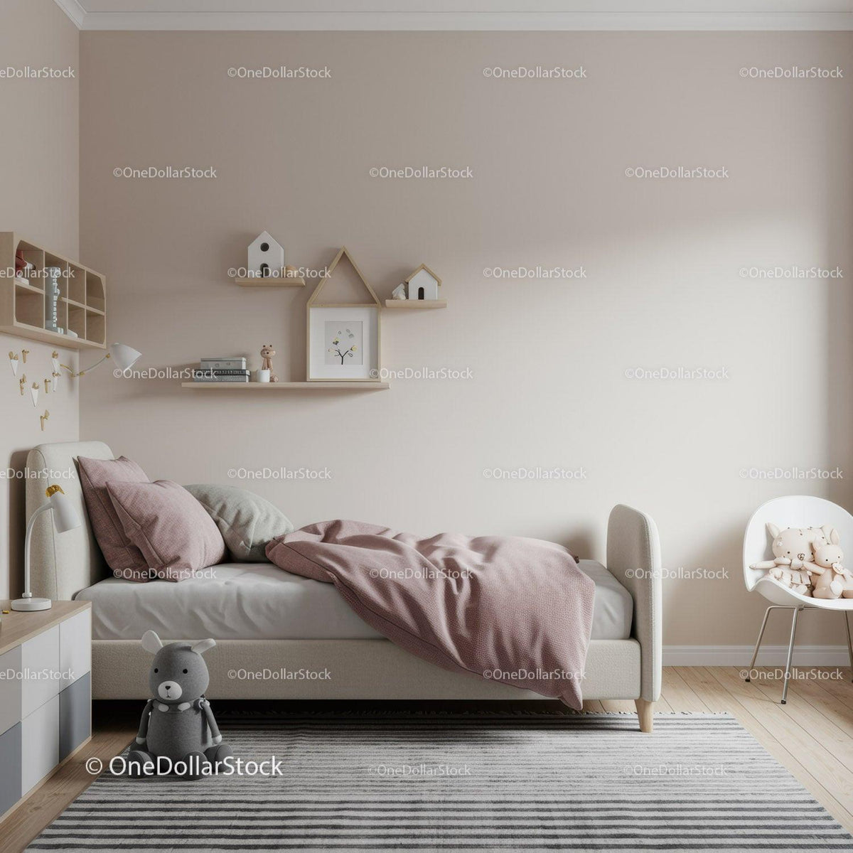 Cozy Children's Bedroom with Soft Pastel Decor and Plush Toys