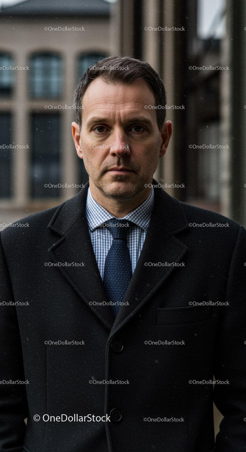 Serious businessman in formal attire outdoors
