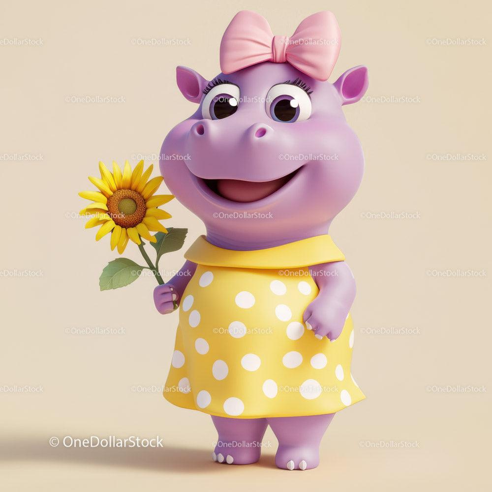 Cute Cartoon Hippo Holding Sunflower in Yellow Dress for Kids Illustration Stock Photo Bundle preview 51