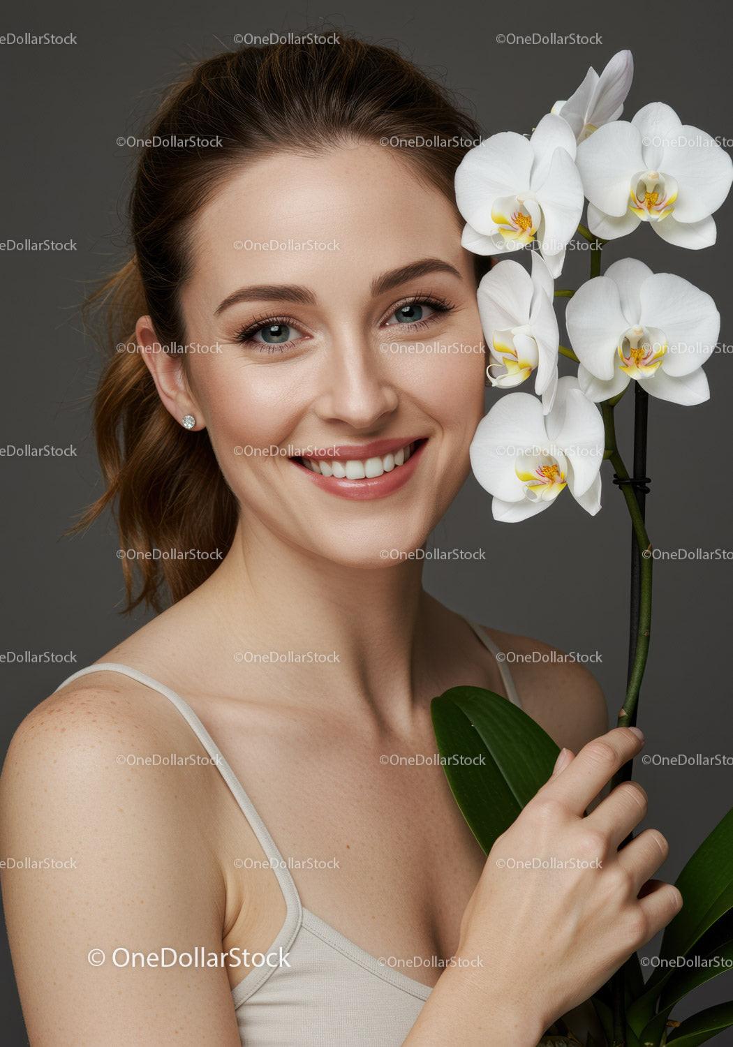 Portrait of a Smiling Woman with White Orchid Flowers Beauty and Wellness